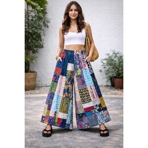 Patchwork Wide Leg Pants Boho Festival Cotton SIZE XL
